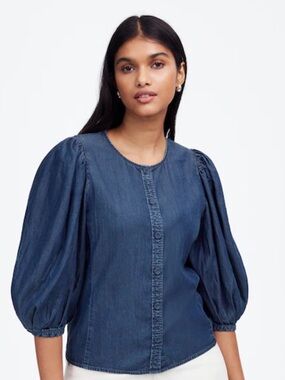 Madewell Indigo Denim Puff-Sleeve Button Front Top